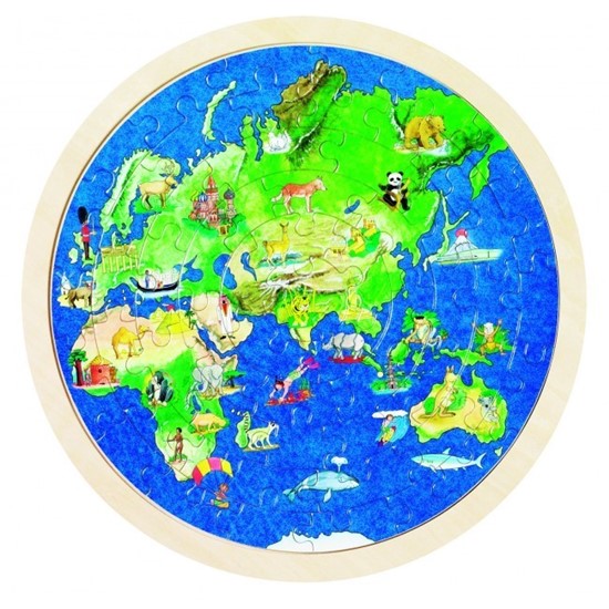 Billede af Træ Puslespil Verdenskort på rund plade